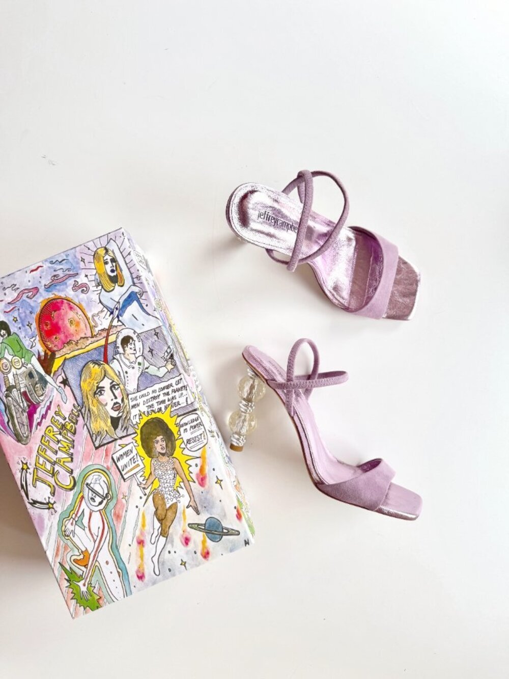 JEFFREY CAMPBELL Gema Lilac Metallic Suede Clear Beaded Heel Sandals, Size 8